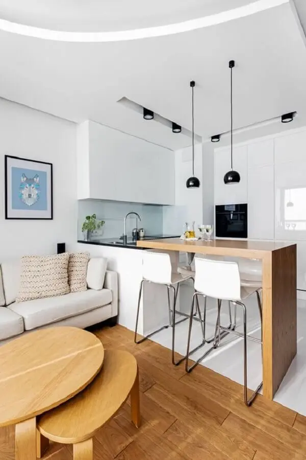 decoração moderna com bancada de madeira para sala de estar e cozinha integradas Foto Homify