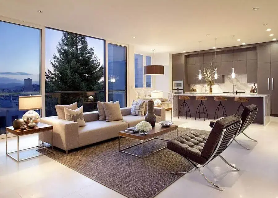 decoração moderna e sofisticada para sala de estar e cozinha integrada amplas Foto Decostore