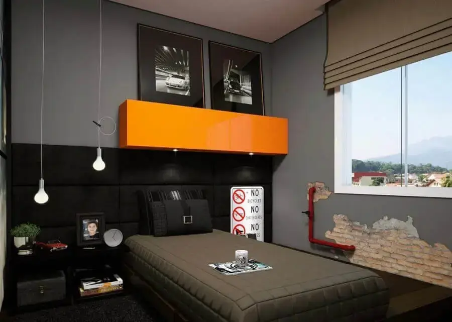 decoração moderna para quarto de solteiro masculino planejado cinza e preto Foto Jeito de Casa
