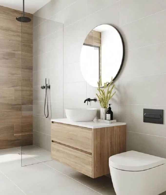 madeira clara para decoração banheiro minimalista cinza claro Foto Arquitetas Express