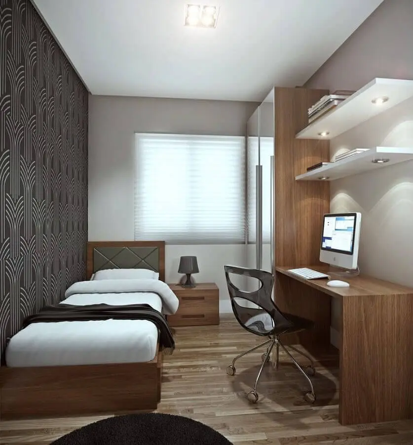 móveis de madeira para quarto de solteiro masculino pequeno com escrivaninha Foto A8 Imóveis
