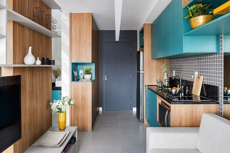 móveis planejados para decoração de sala e cozinha integrada pequena Foto Pinterest