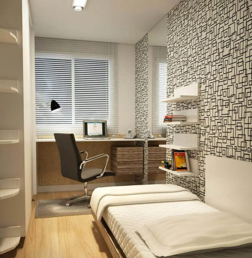 móveis planejados para quarto de solteiro masculino pequeno com home office Foto Últimas Decoração