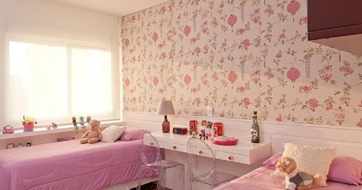 papel de parede floral delicado para quarto feminino duplo Foto Jeito de Casa