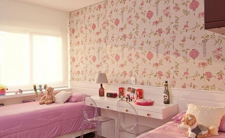 papel de parede floral delicado para quarto feminino duplo Foto Jeito de Casa