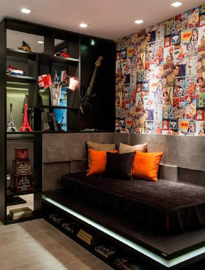 papel de parede quarto masculino solteiro moderno decorado em tons de cinza Foto Casa de Valentina