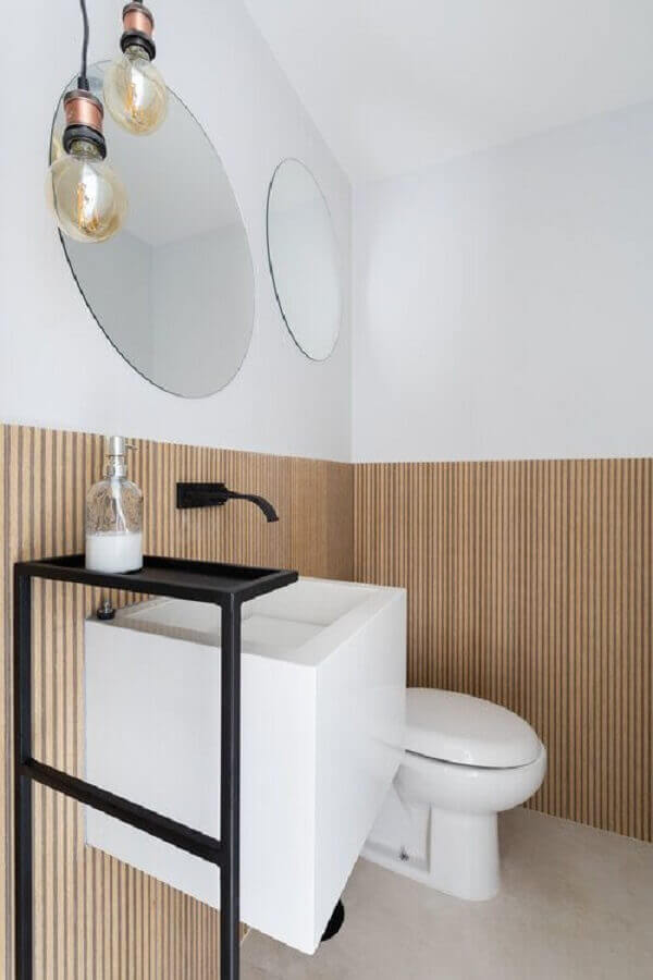revestimento de madeira ripada para decoração banheiro minimalista Foto Pinterest