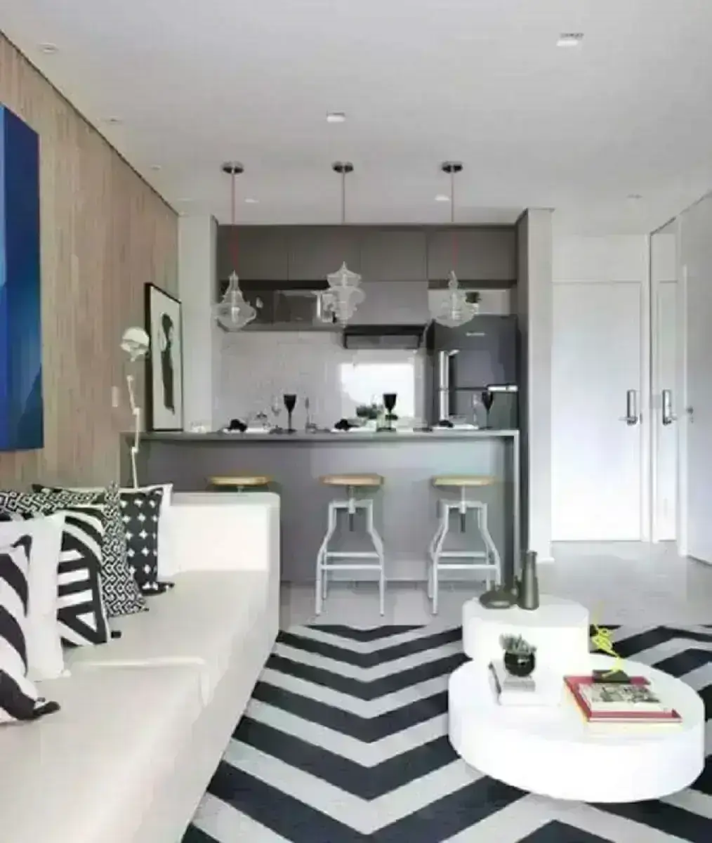 sofá branco para decoração de sala de estar e cozinha integradas modernas Foto Simples Decoração