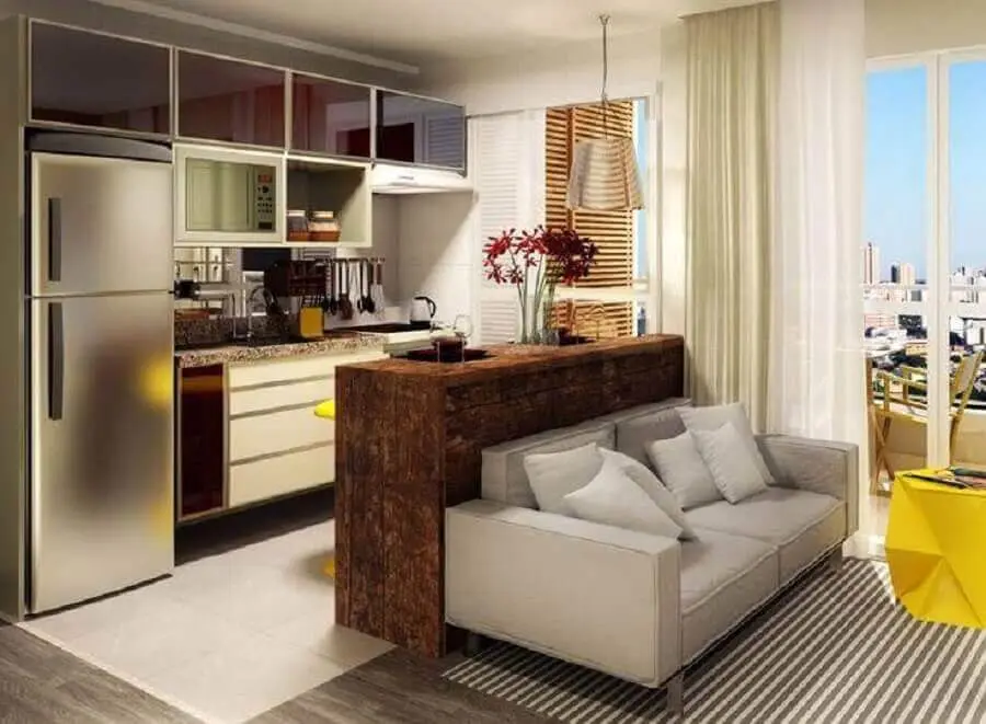 sofá pequeno cinza para decoração de sala com cozinha integrada Foto Dcore Você