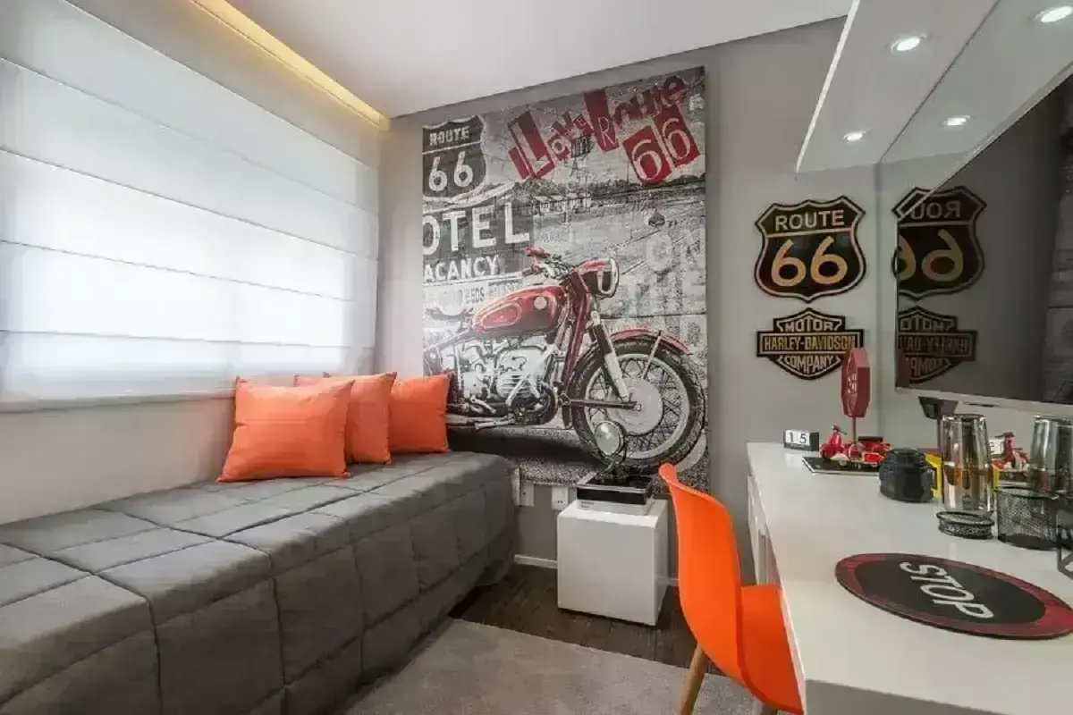 tons de cinza e laranja para decoração moderna de quarto de solteiro masculino jovem Foto Casa de Valentina