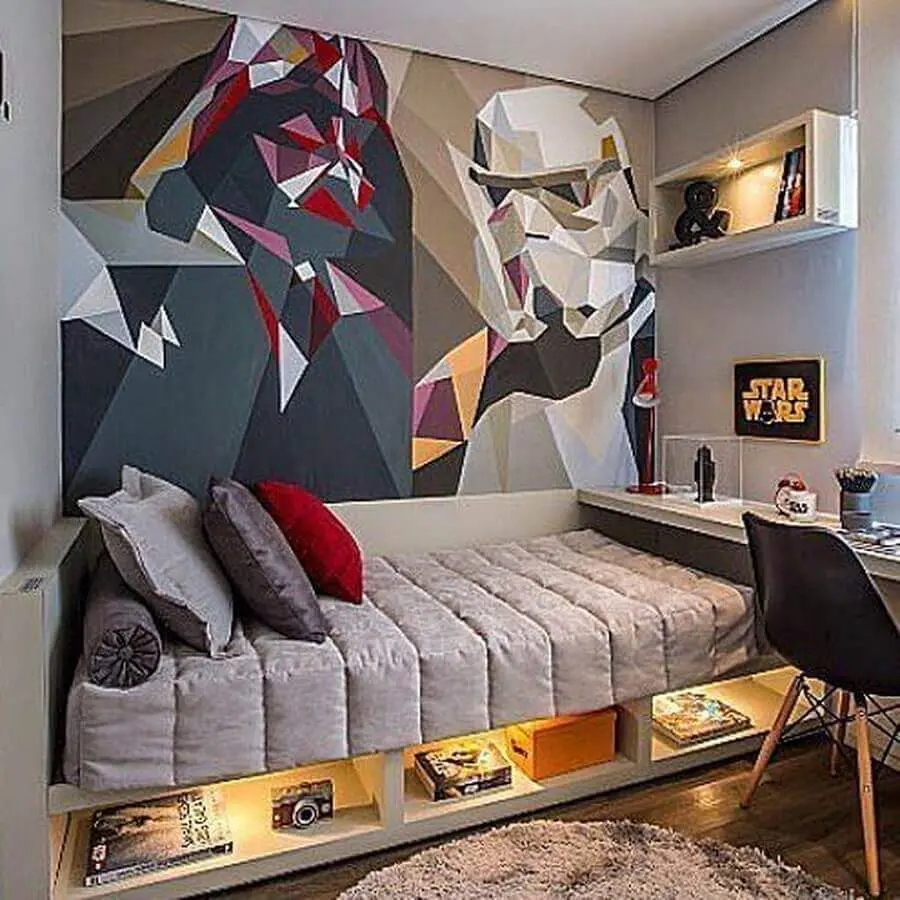 Tons de cinza para decoração para quarto de solteiro masculino pequeno com adesivo de parede colorido Foto Pinterest