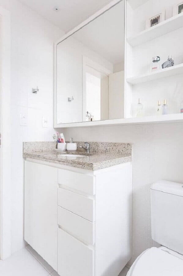bancada de granito para pia de banheiro simples todo branco Foto Jeito de Casa