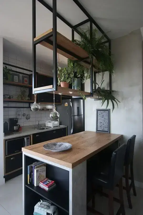 bancada de madeira para decoração de cozinha estilo industrial pequena e simples Foto Pinterest