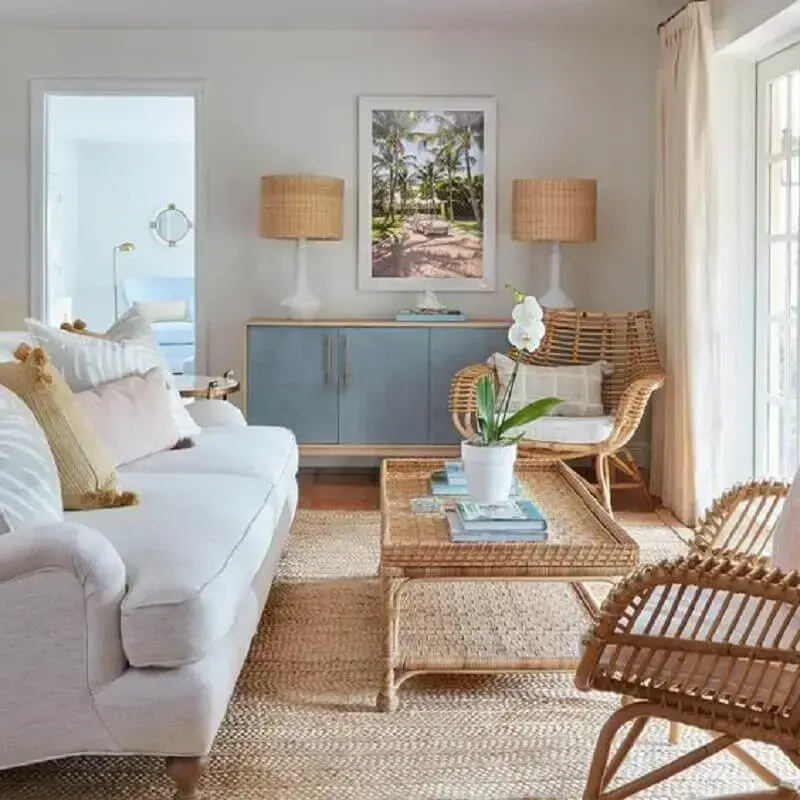 cores claras para sala de estar com tapete sisal e móveis de fibras naturais Foto Living Gazette
