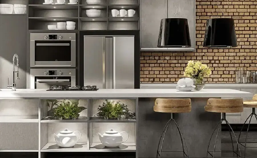 decoração de cozinha estilo industrial moderna com ilha  Foto Benvini Ambientes