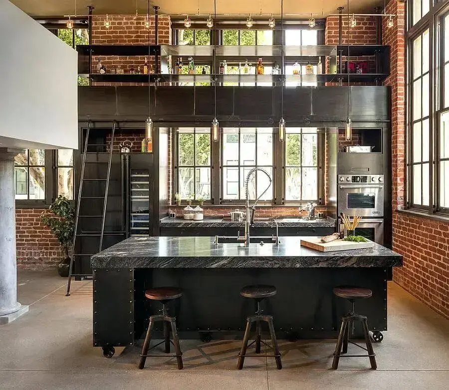 decoração de cozinha planejada estilo industrial com ilha Foto Home Design Ideas