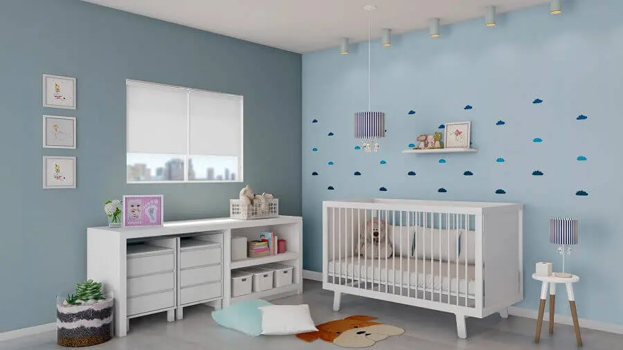 decoração de quarto de bebê simples azul e branco Foto Histórias de Casa