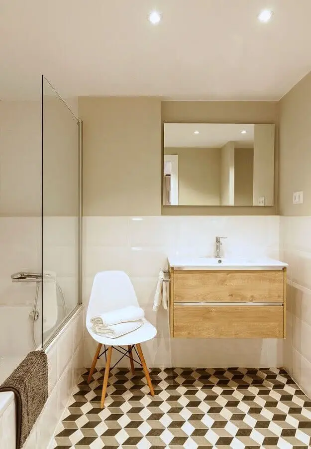 decoração em cores neutras para banheiro simples com gabinete suspenso de madeira Foto Simples Decoração