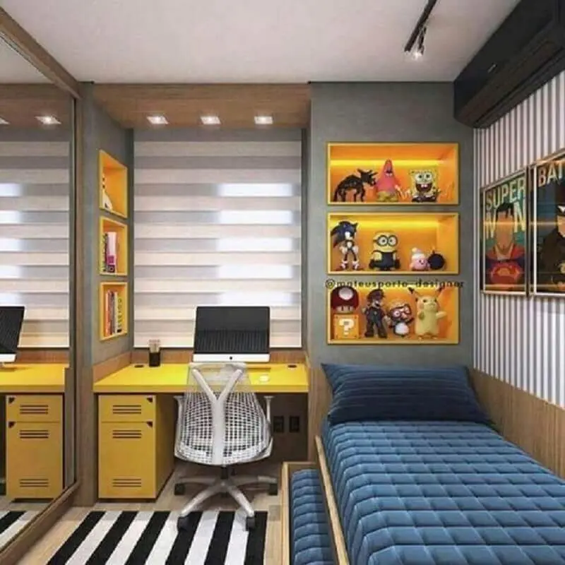 decoração jovem de quarto pequeno com escrivaninha amarela e bicama Foto Pinterest