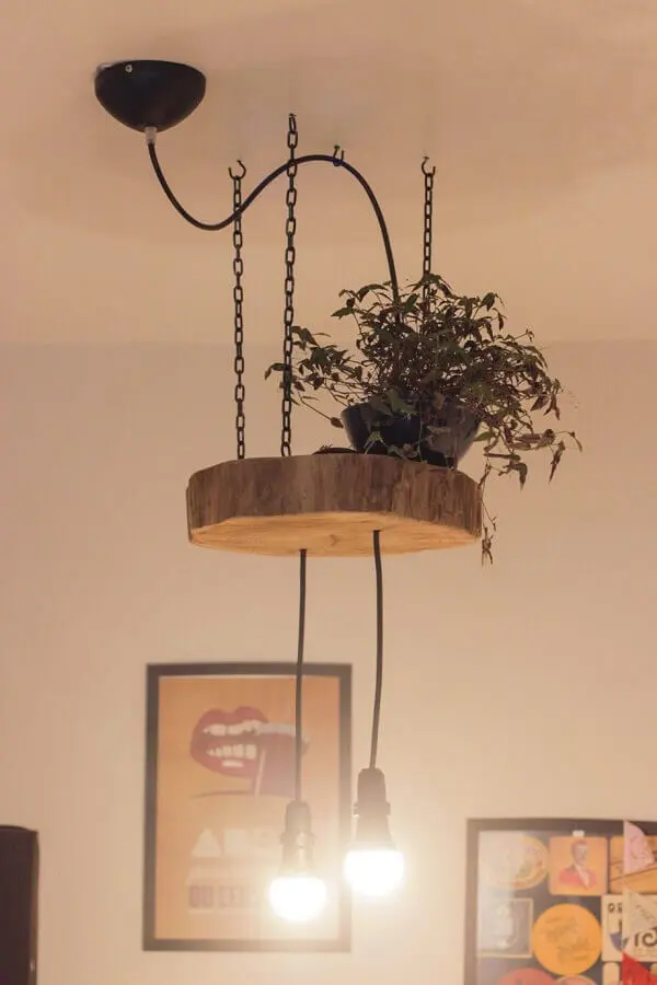 modelo de luminária rústica de teto decorada com vaso de planta Foto Pinterest
