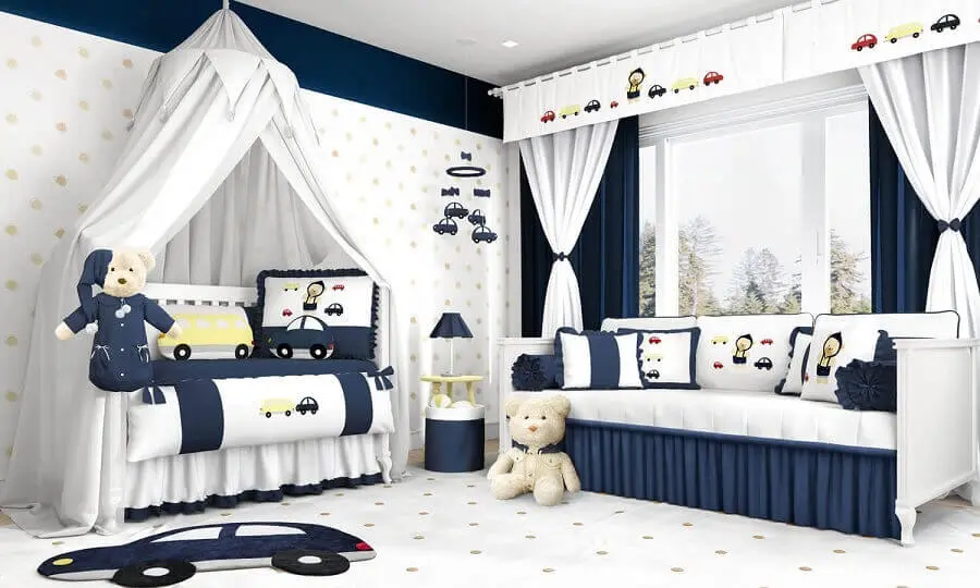 quarto de bebê azul marinho e branco decorado com tema ursinho Foto Grão de Gente