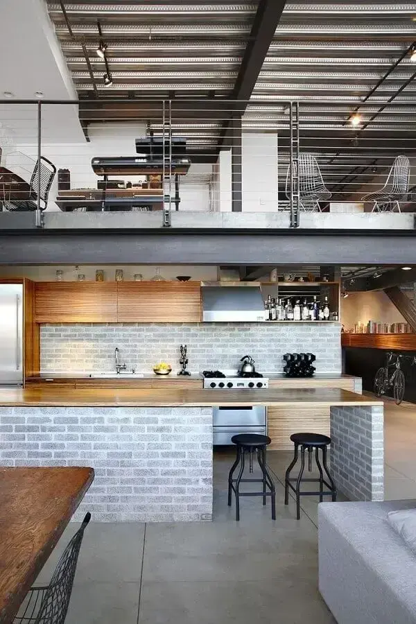 tijolinho cinza para decoração de cozinha estilo industrial com ilha Foto Pinterest