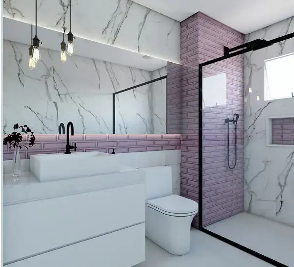 O revestimento de parede para banheiro em rosa traz delicadeza para a decoração