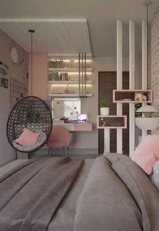 balanço suspenso para quarto feminino moderno decorado em cinza e rosa Foto Pinterest