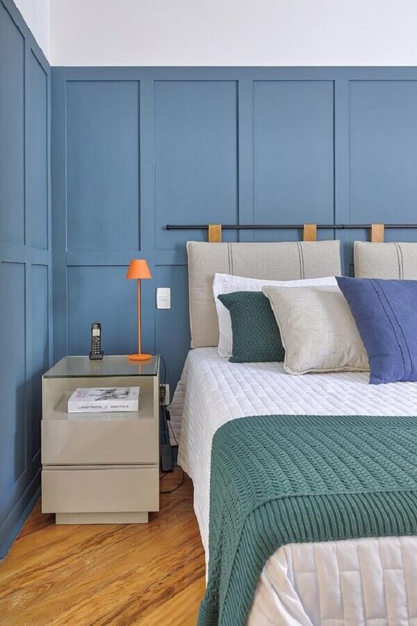 cor azul para parede de quarto de casal com cabeceira cinza Foto Casa de Valentina