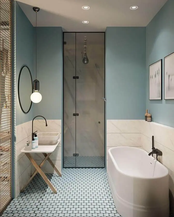 cor azul pastel para decoração de banheiro moderno  Foto Archzine