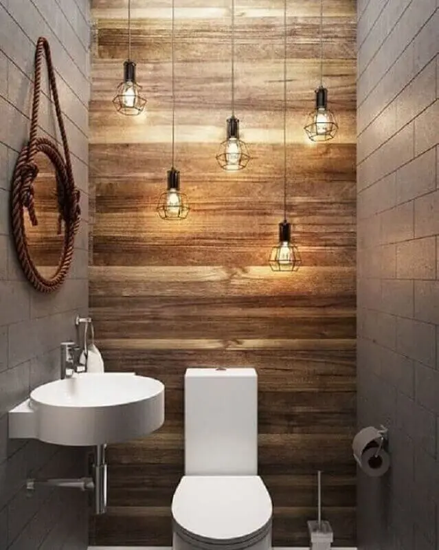 decoração com espelho redondo e pendente para banheiro rústico Foto Pinterest