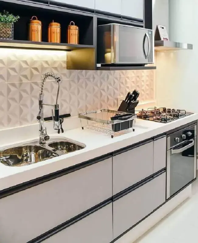 decoração de cozinha pequena com revestimento 3d branco Foto Pinterest