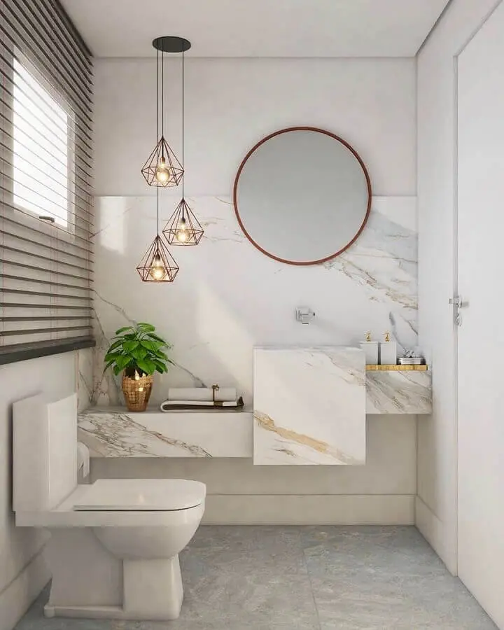 decoração sofisticada com pendente para banheiro pequeno com bancada de mármore Foto Pinterest
