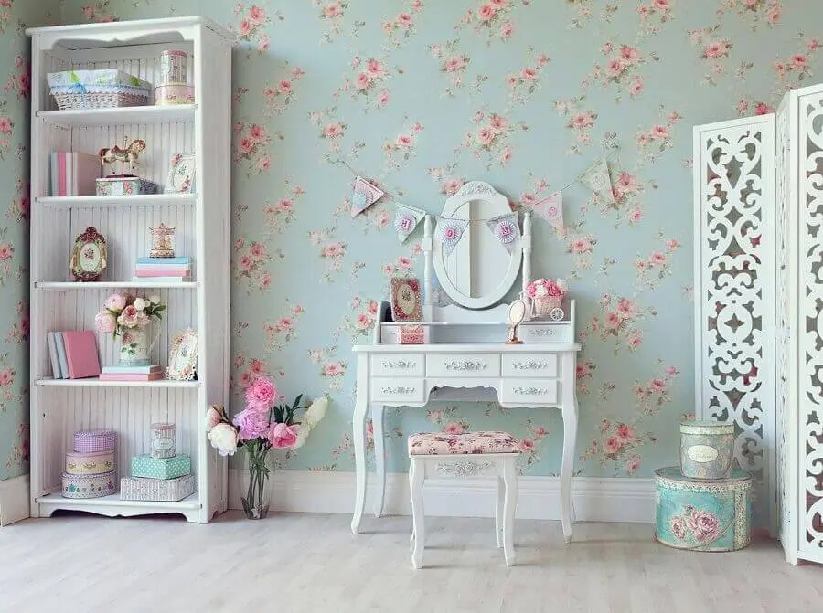 decoração vintage para quarto de menina com papel de parede romântico feminino floral Foto Yandex