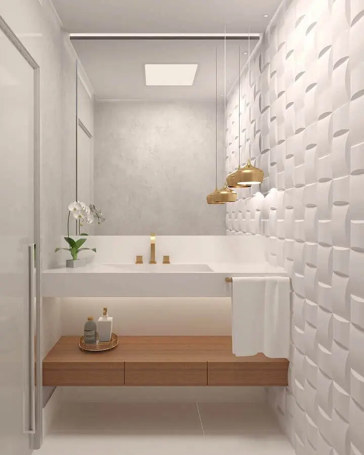 luminária pendente para banheiro branco decorado com revestimento 3D  Foto Dicas de Mulher
