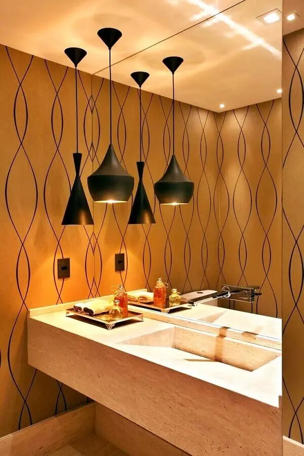 luminária pendente para banheiro sofisticado decorado com pia esculpida em mármore Foto Simples Decoração
