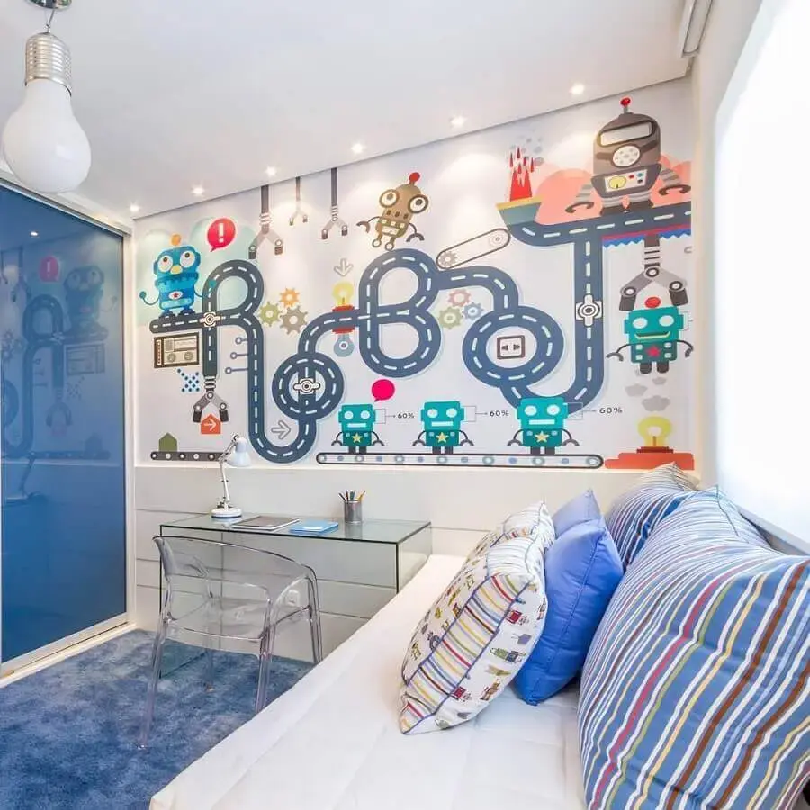 papel de parede para quarto de criança com tema robôs para decoração azul e branca Foto Pinterest