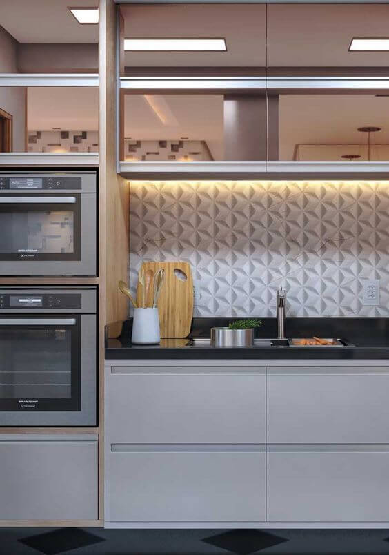 Cozinha moderna com revestimento branco 3D 