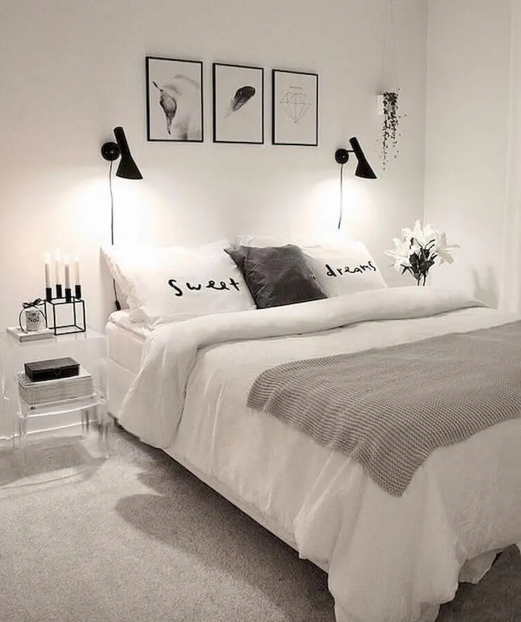 decoração minimalista para quarto de casal simples e barato todo branco