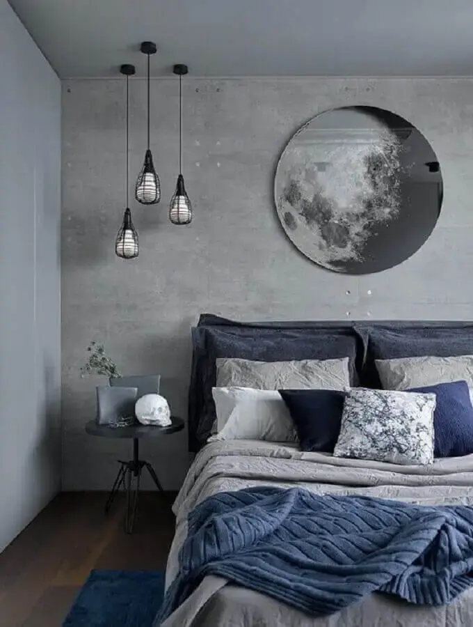 Luminária moderna para quarto cinza decorado com parede de cimento queimado