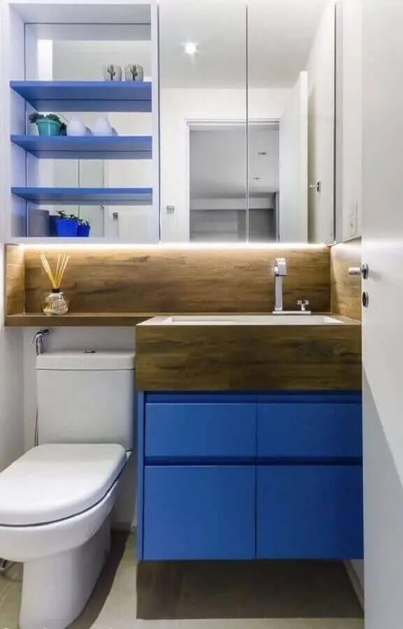 Bancada de madeira para armário de banheiro com pia pequeno azul