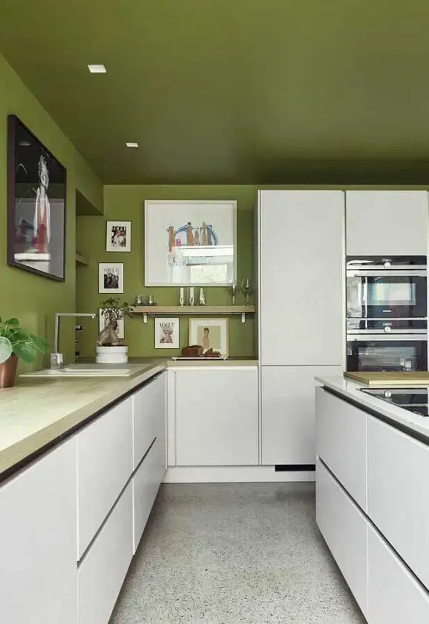 decoração de cozinha branca com teto e parede verde oliva Foto HomeDeco