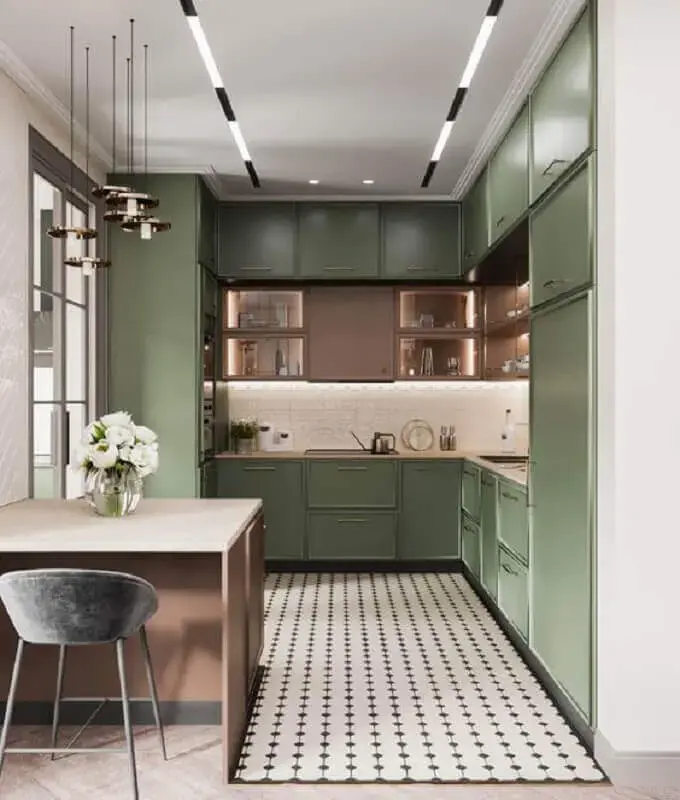 decoração de cozinha planejada com armário verde oliva Foto Pinterest