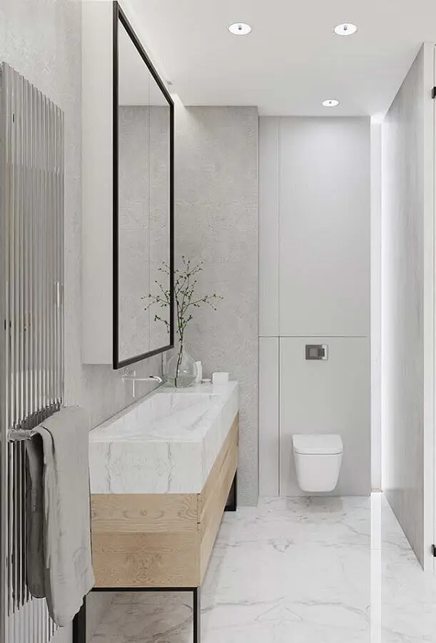 Decoração minimalista com bancada de mármore para banheiro