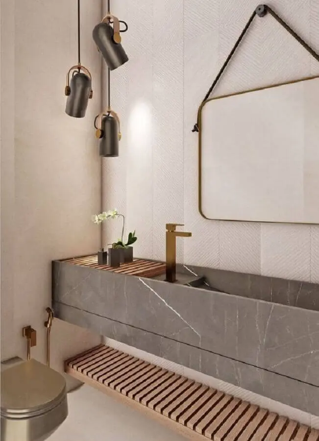 decoração moderna para banheiro social com bancada planejada cinza Foto Archtrends