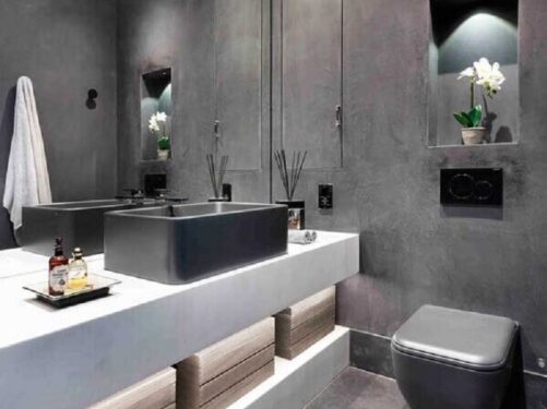 decoração moderna para banheiro social com parede de cimento queimado Foto Casa de Valentina