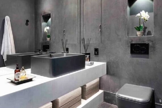 decoração moderna para banheiro social com parede de cimento queimado Foto Casa de Valentina