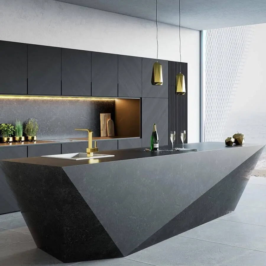 decoração sofisticada para cozinha preta moderna com ilha gourmet Foto Futurist Architecture