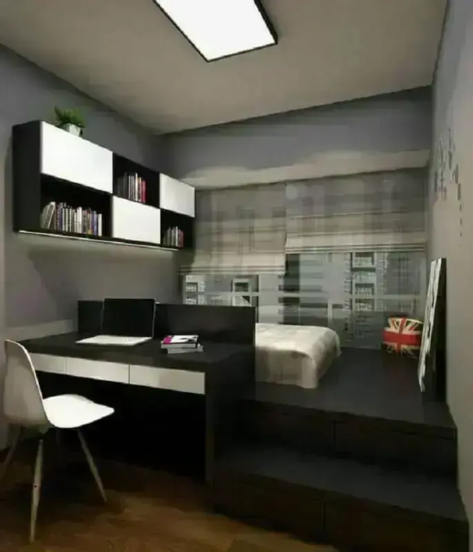 Home office no quarto planejado com decoração preta e cinza