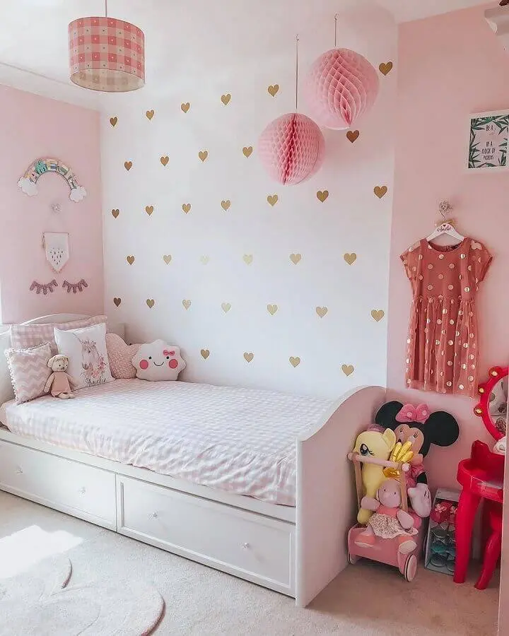 Papel de parede de corações para decoração de quarto infantil feminino pequeno branco e rosa
